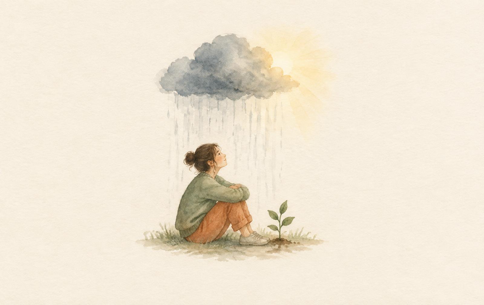 Ilustración en acuarela de una persona bajo una nube de lluvia con luz cálida detrás y un brote verde a sus pies