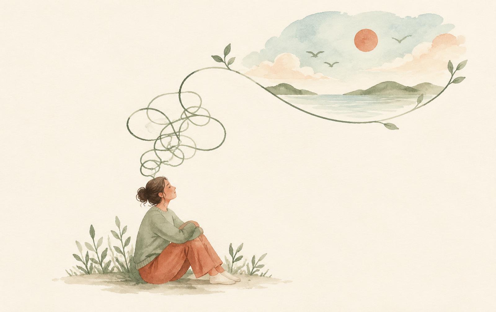 Ilustración en acuarela de una persona sentada cuyos pensamientos enredados se deshacen en un cielo tranquilo